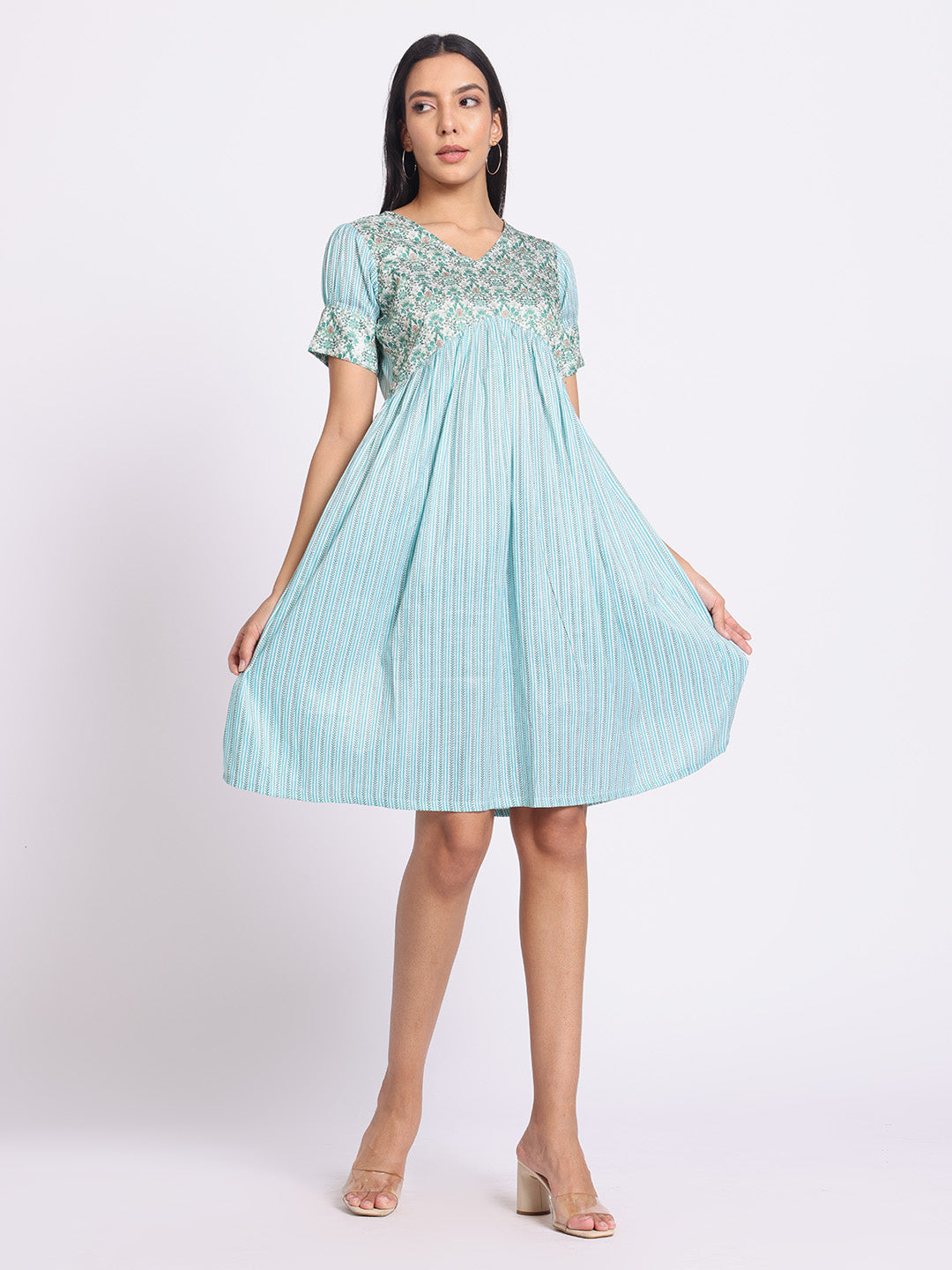 Floral Print A Line Dress with V Neck and Soft Pleated Fall – Aquamintlable