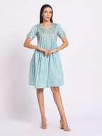 Floral Print A Line Dress with V Neck and Soft Pleated Fall