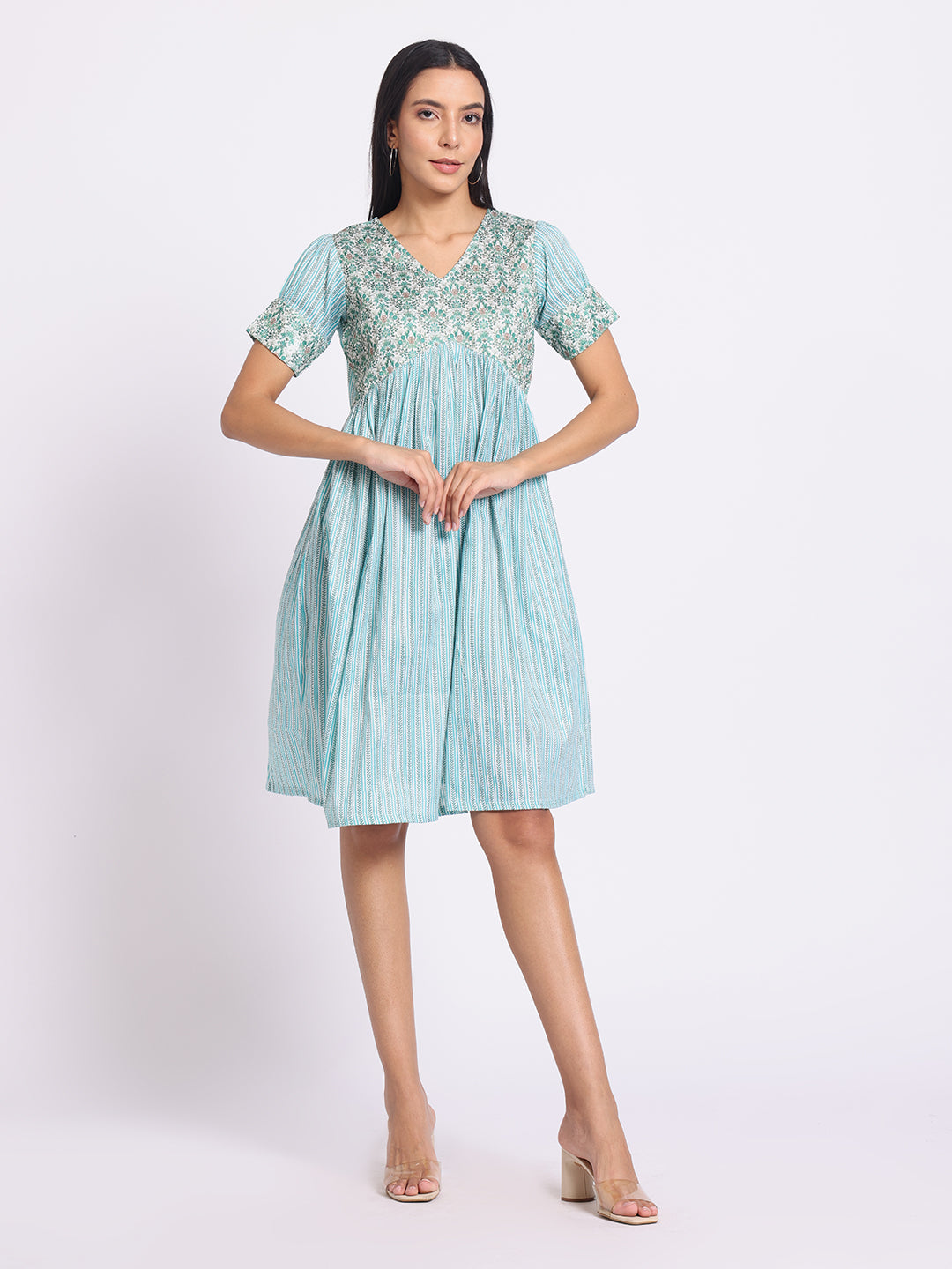 Floral Print A Line Dress with V Neck and Soft Pleated Fall