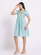 Floral Print A Line Dress with V Neck and Soft Pleated Fall