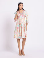 Floral Print A Line Dress with Embroidered Yoke