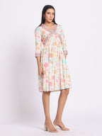 Floral Print A Line Dress with Embroidered Yoke