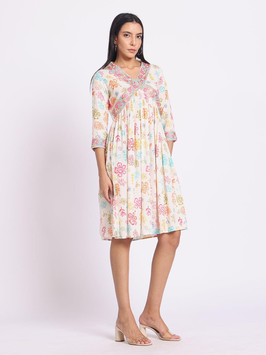 Floral Print A Line Dress with Embroidered Yoke