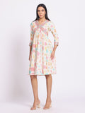 Floral Print A Line Dress with Embroidered Yoke