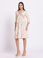 Floral Print A Line Dress with Embroidered Yoke