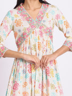 Floral Print A Line Dress with Embroidered Yoke