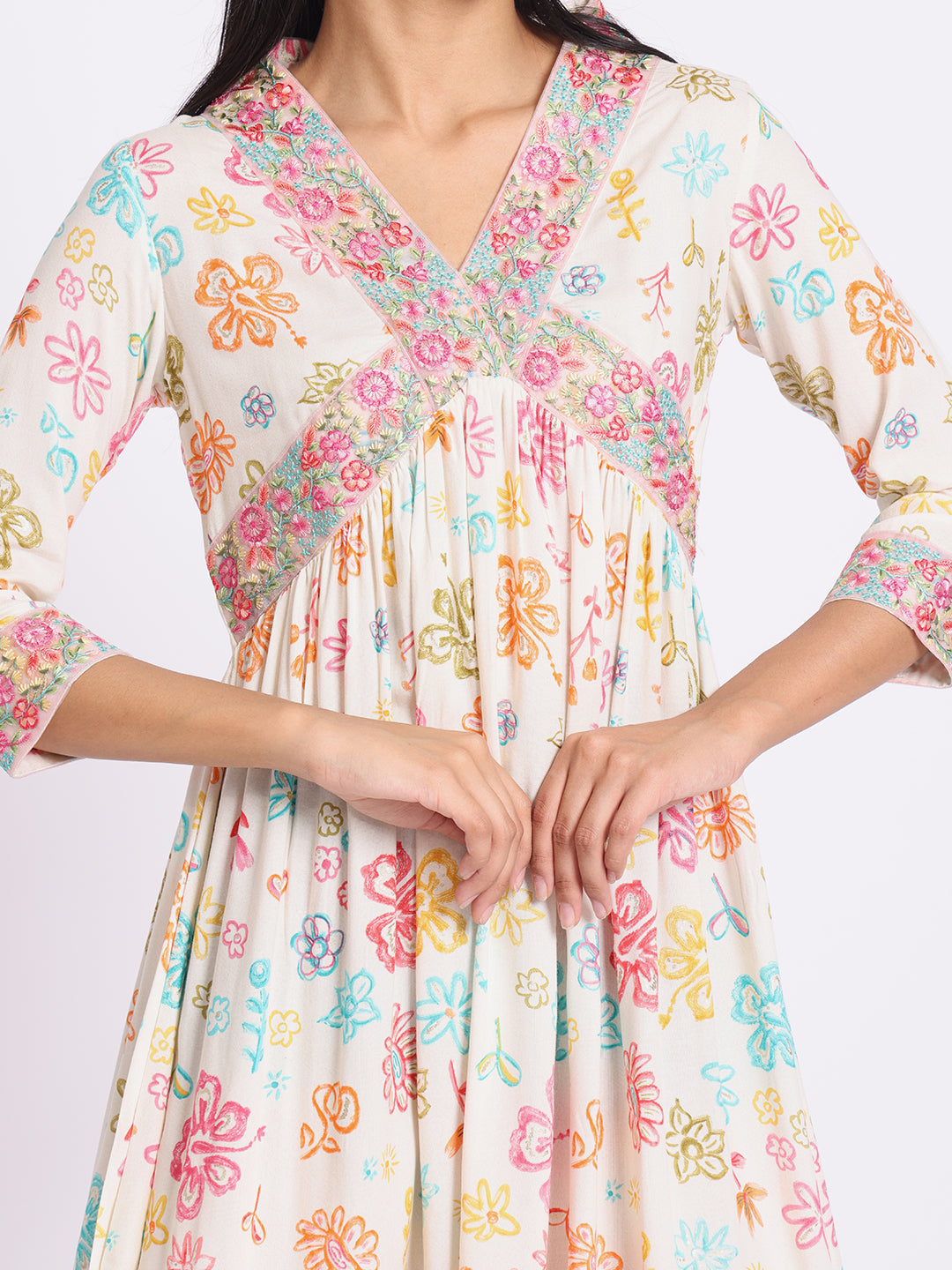 Floral Print A Line Dress with Embroidered Yoke