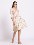 Floral Print A Line Dress with Embroidered Yoke