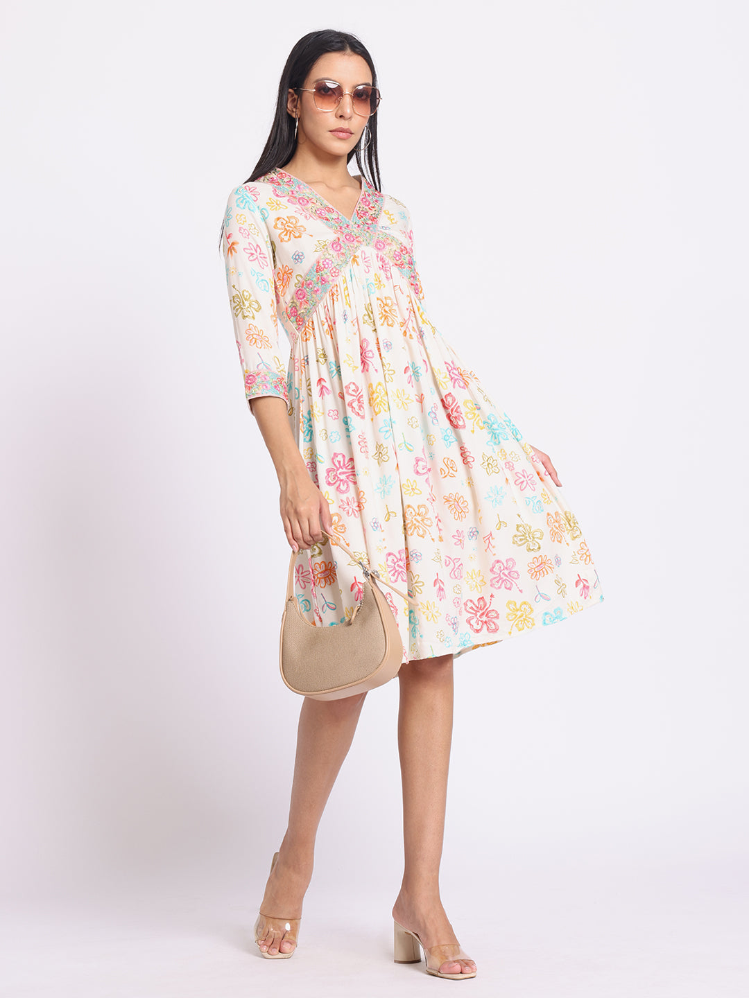 Floral Print A Line Dress with Embroidered Yoke