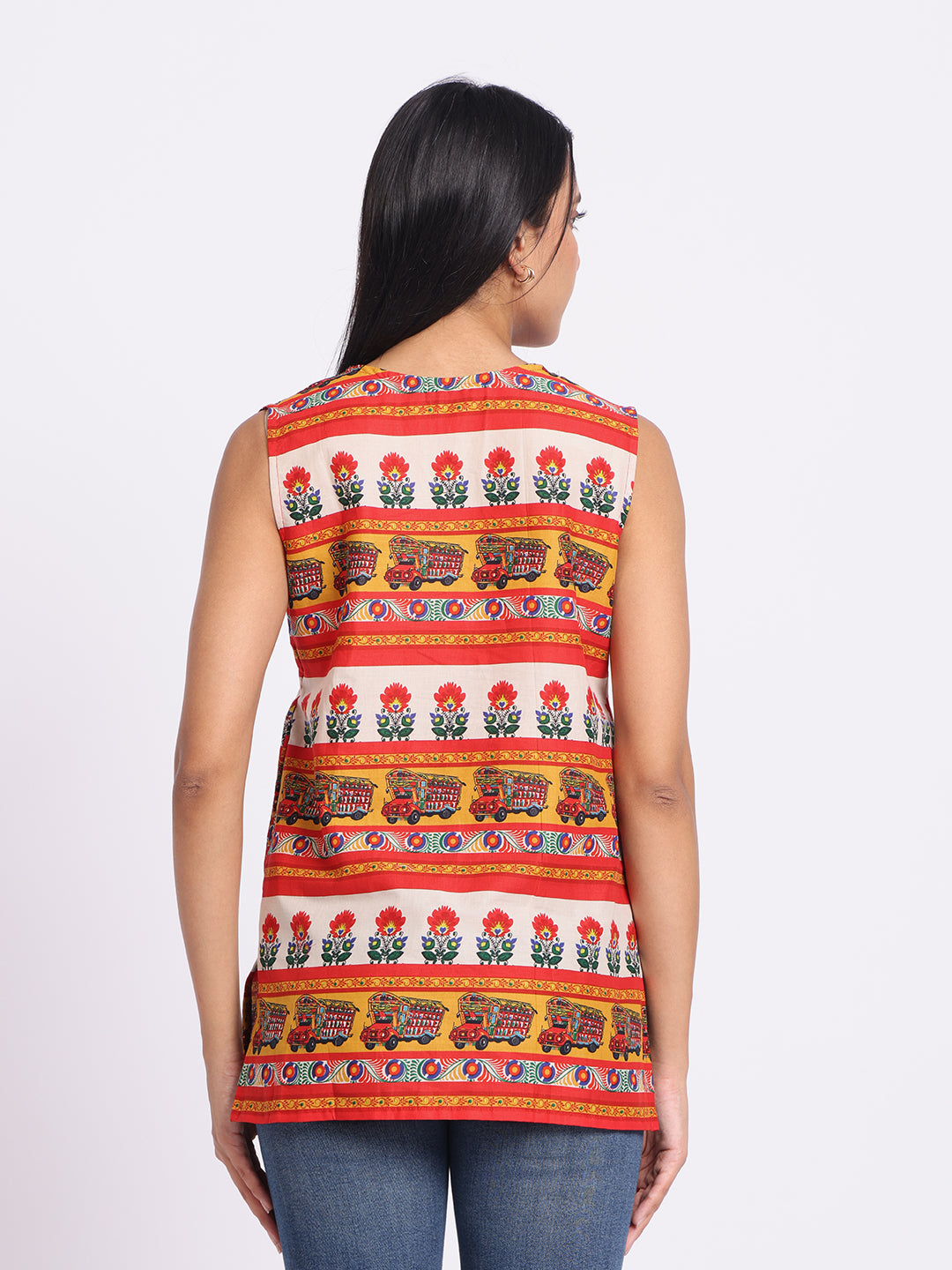 Printed Sleeveless Top with V Neck and Relaxed Fit