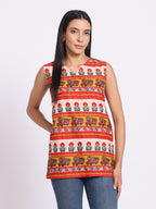 Printed Sleeveless Top with V Neck and Relaxed Fit
