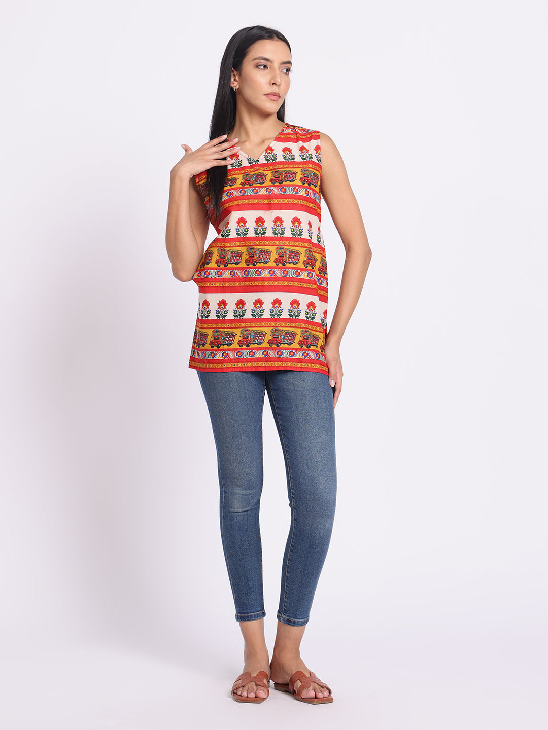 Printed Sleeveless Top with V Neck and Relaxed Fit