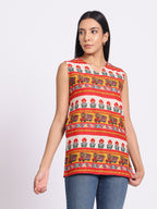 Printed Sleeveless Top with V Neck and Relaxed Fit