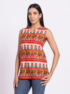 Printed Sleeveless Top with V Neck and Relaxed Fit