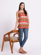 Printed Sleeveless Top with V Neck and Relaxed Fit