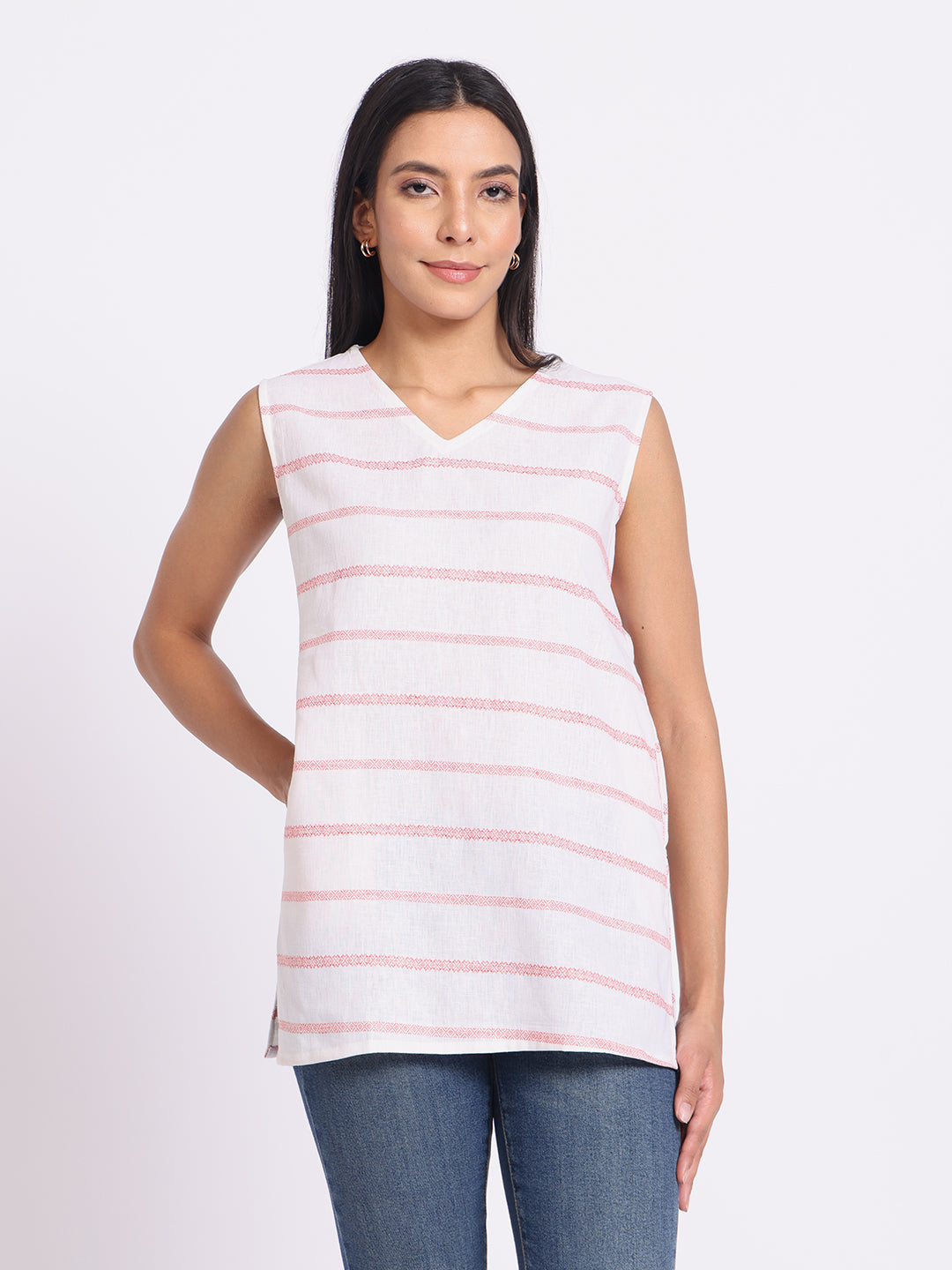 Striped Sleeveless Top with V Neck and Relaxed Fit