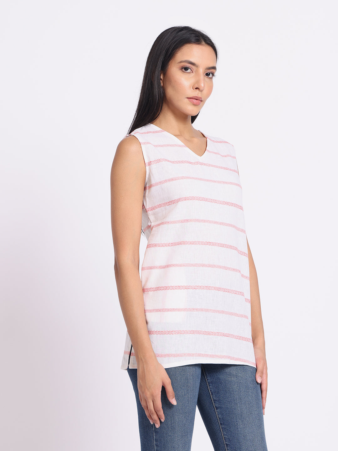 Striped Sleeveless Top with V Neck and Relaxed Fit