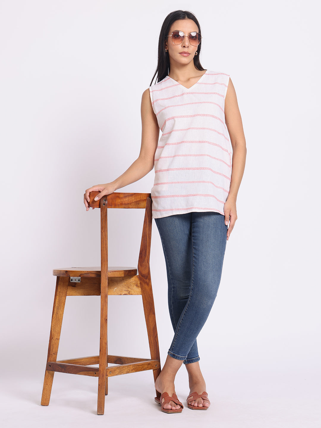 Striped Sleeveless Top with V Neck and Relaxed Fit