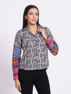 Printed Shirt with Contrast Sleeves and Classic Collar