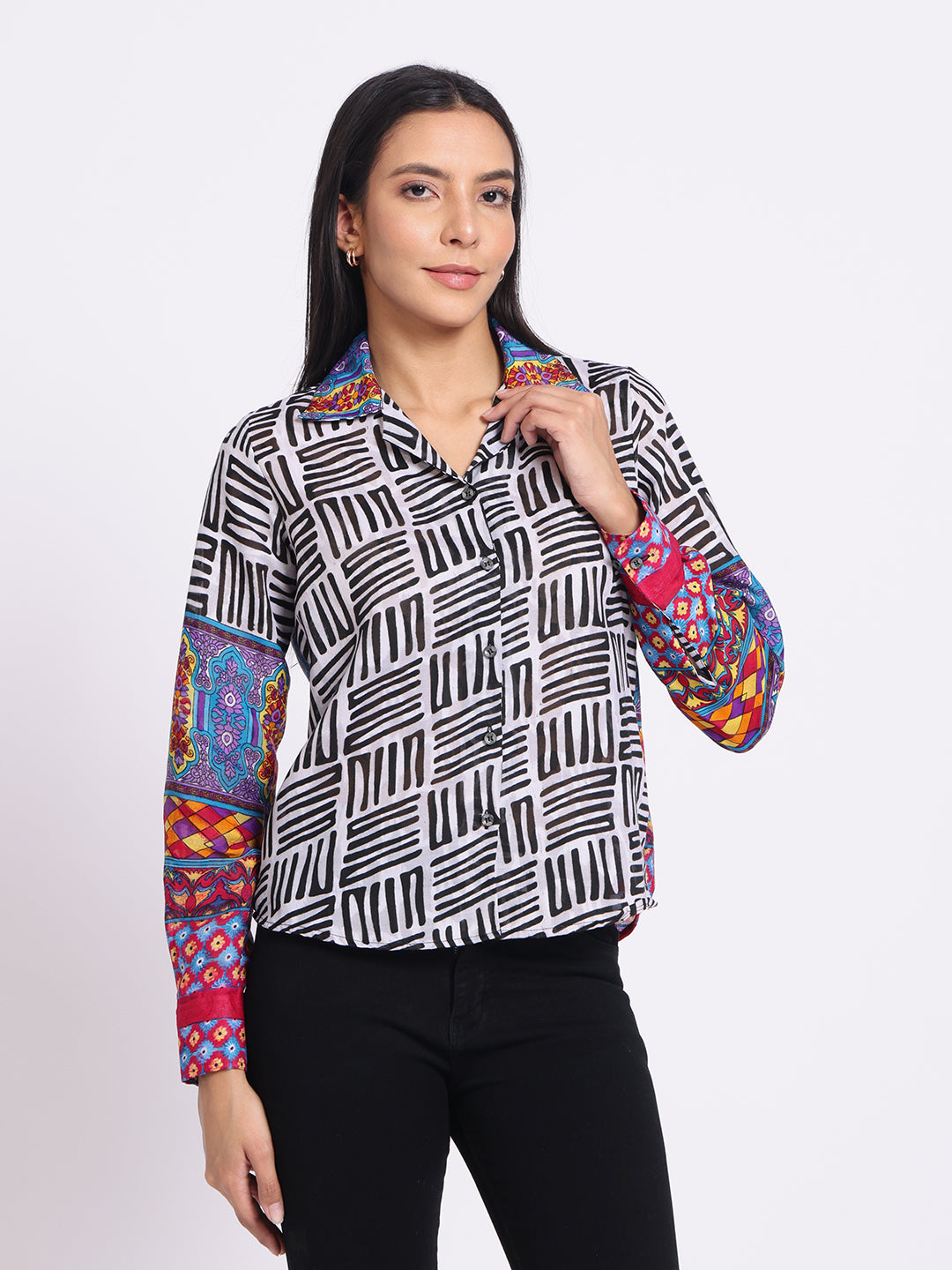 Printed Shirt with Contrast Sleeves and Classic Collar