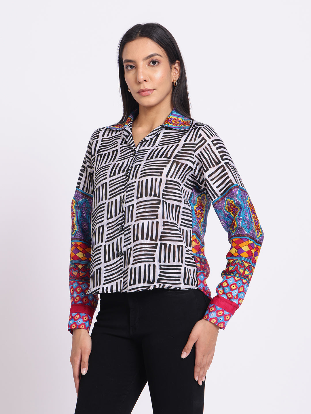 Printed Shirt with Contrast Sleeves and Classic Collar