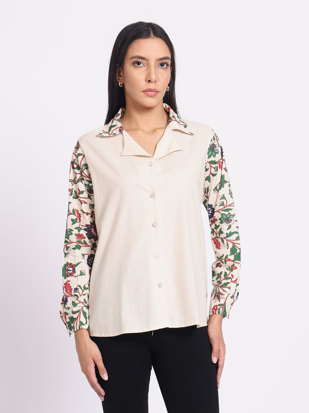 Button Down Shirt with Printed Sleeves and Classic Collar