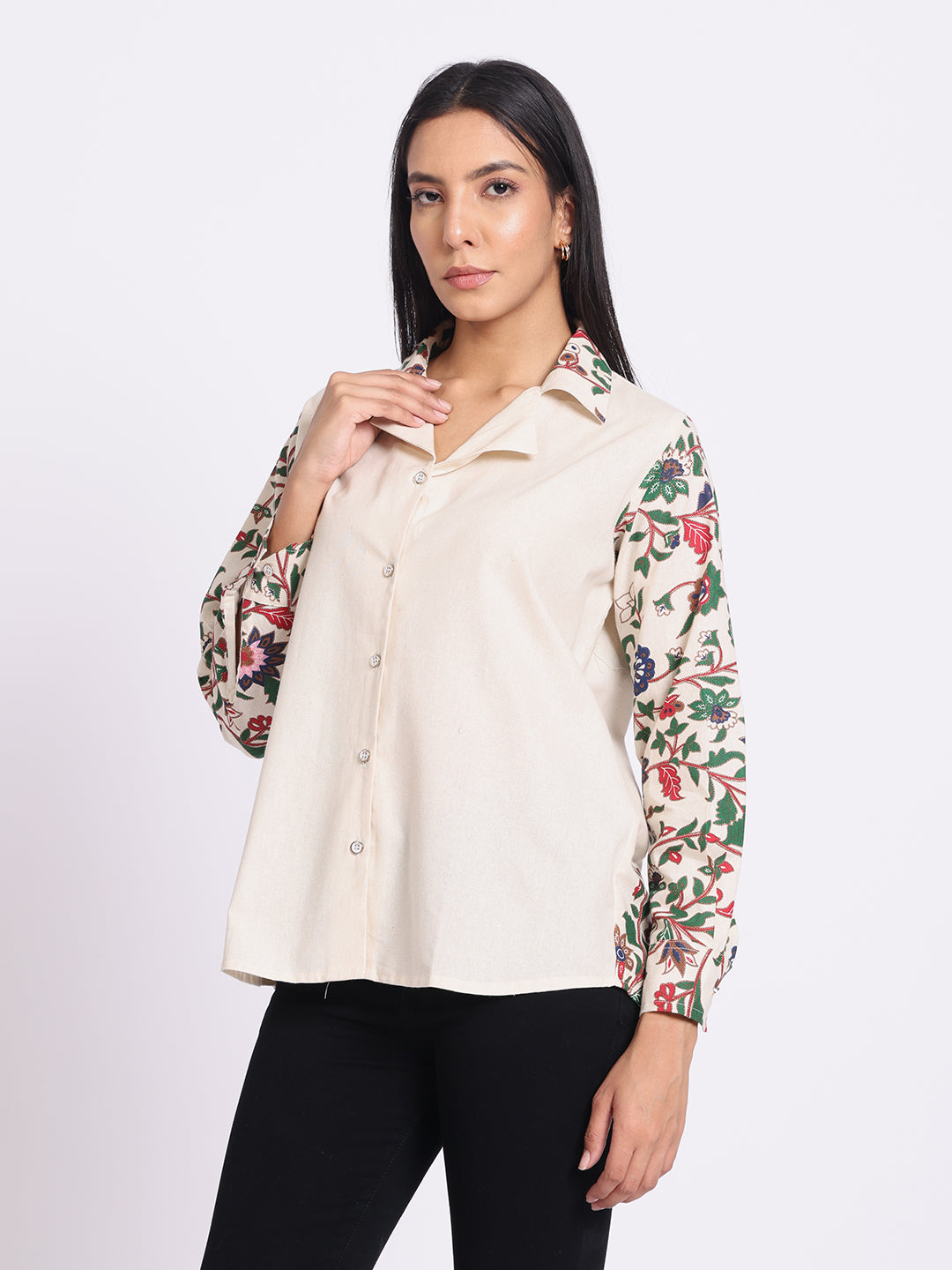 Button Down Shirt with Printed Sleeves and Classic Collar