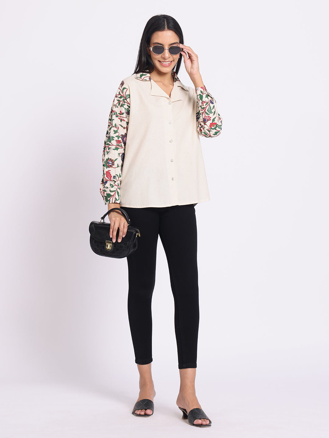 Button Down Shirt with Printed Sleeves and Classic Collar