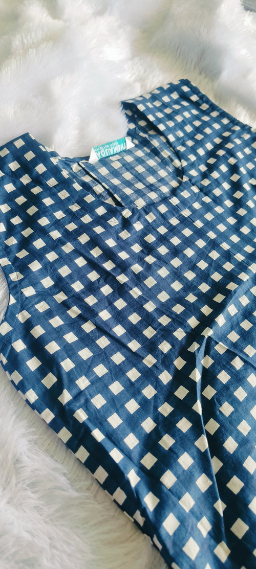 Blue Checked A Line Dress with Sleeveless Design