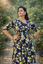 Abstract Print V-Neck Flared Dress | Cotton Blend Casual Chic