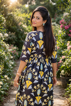 Abstract Print V-Neck Flared Dress | Cotton Blend Casual Chic