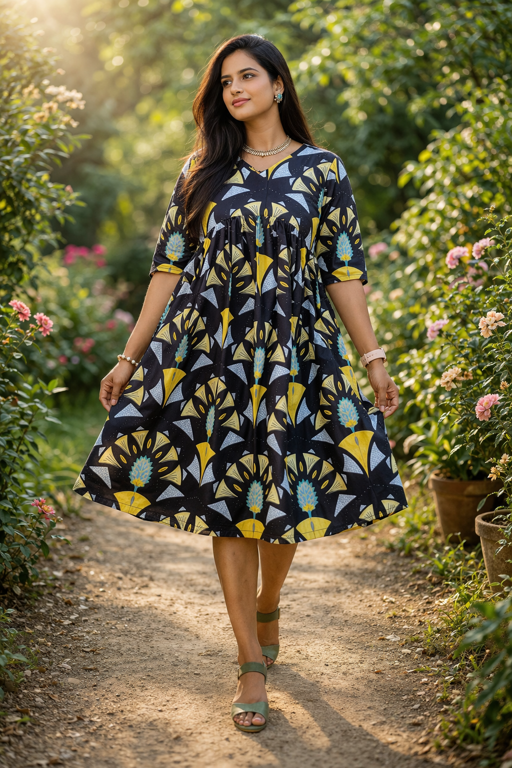 Abstract Print V-Neck Flared Dress | Cotton Blend Casual Chic