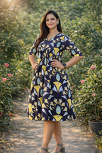 Abstract Print V-Neck Flared Dress | Cotton Blend Casual Chic