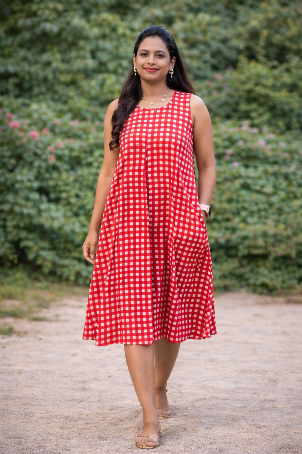 ed Checkered Sleeveless Flared Cotton Dress