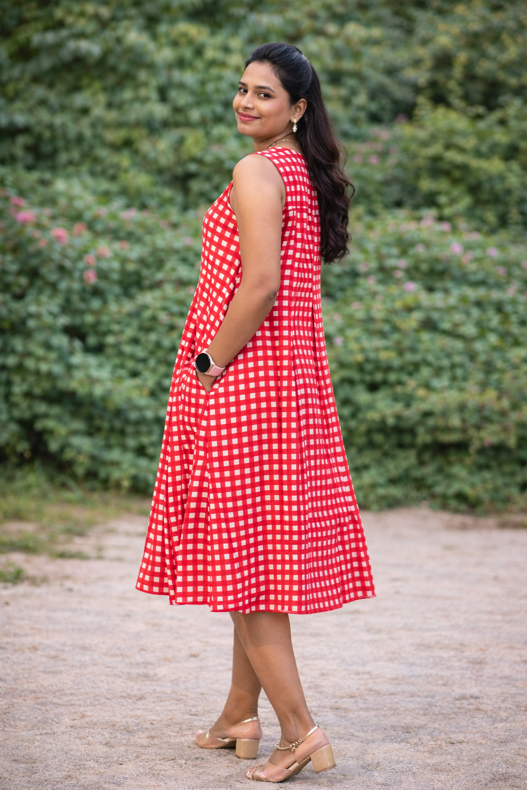 ed Checkered Sleeveless Flared Cotton Dress