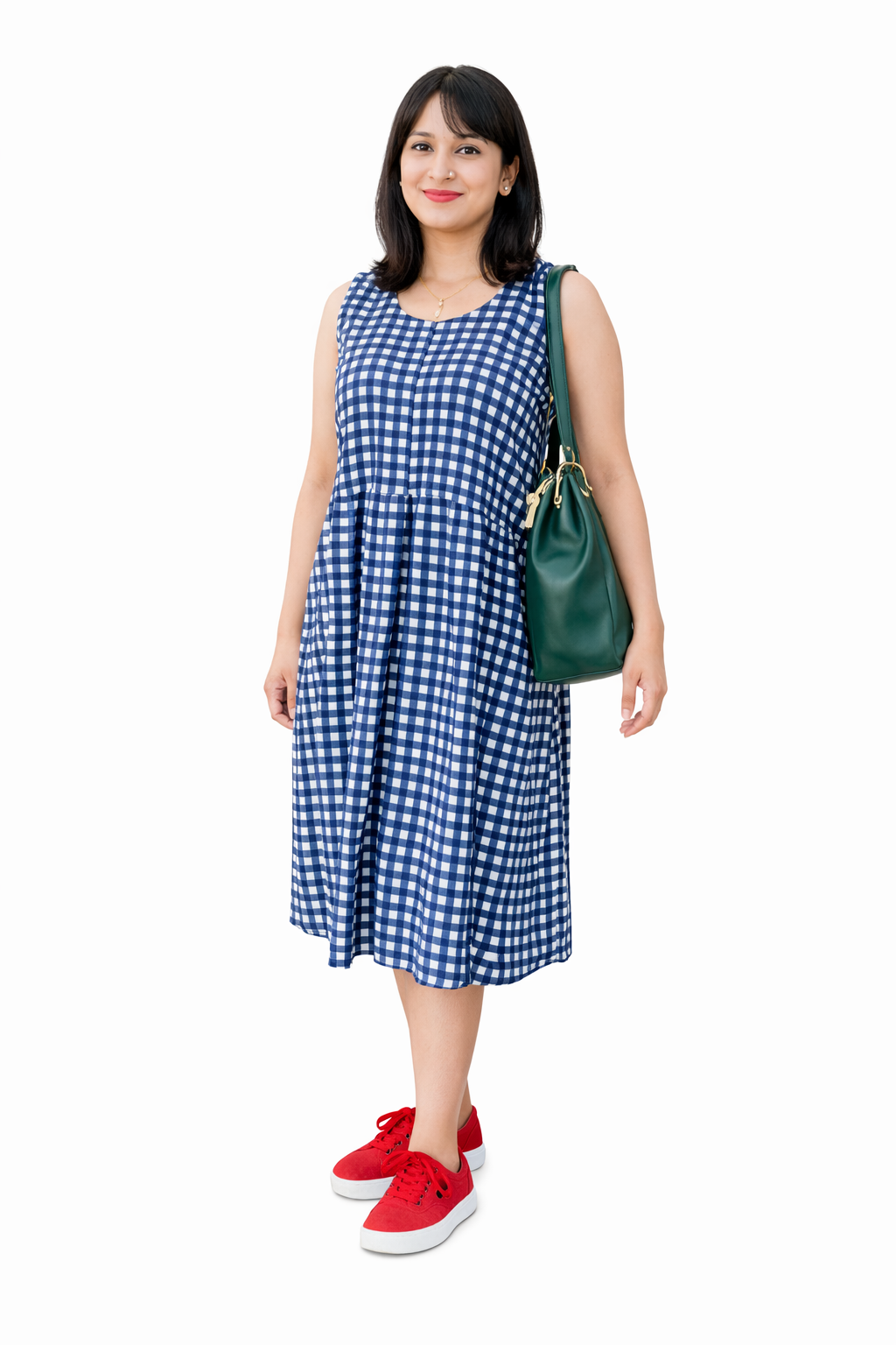 Blue Checked A Line Dress with Sleeveless Design