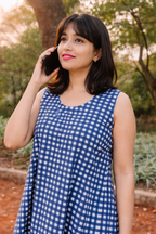 Blue Checked A Line Dress with Sleeveless Design
