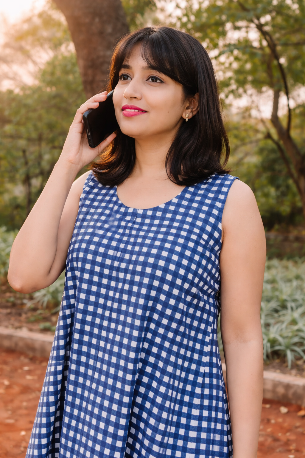 Blue Checked A Line Dress with Sleeveless Design