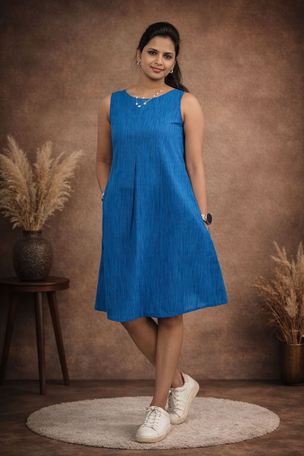 Solid A Line Dress with Sleeveless Design and Relaxed Fit