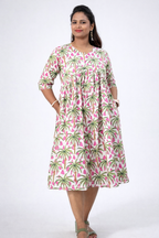Palm Print V-Neck Flared Dress | Cotton Blend Summer Casual