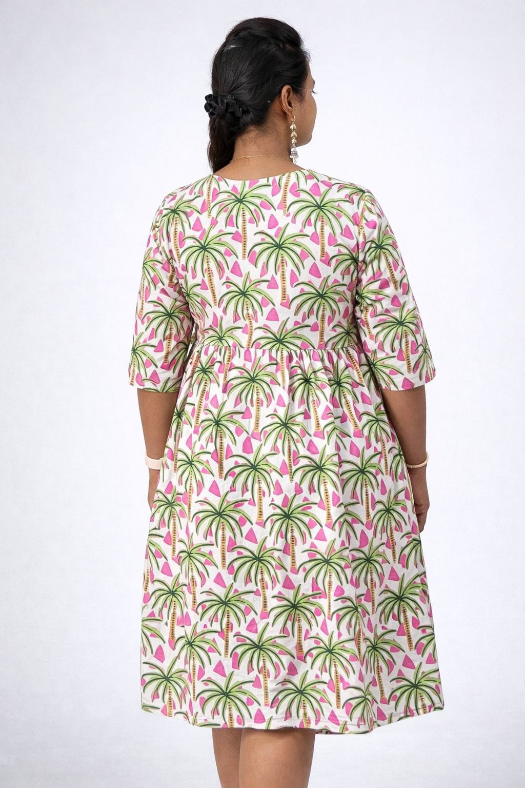 Palm Print V-Neck Flared Dress | Cotton Blend Summer Casual