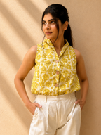 Mustard Floral Handcrafted Cotton Waistcoat Top