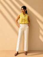 Mustard Floral Handcrafted Cotton Waistcoat Top