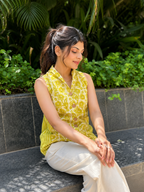 Mustard Floral Handcrafted Cotton Waistcoat Top