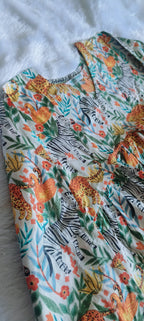 Printed A Line Dress with Gathered Yoke and Flowy Silhouette