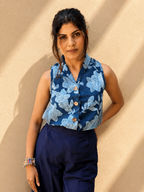 Navy Blue Floral Cotton Waistcoat – Back View