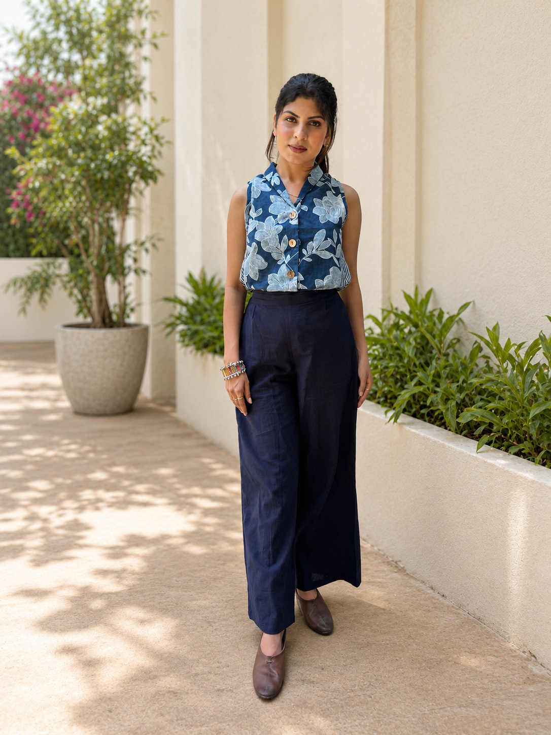 Navy Blue Floral Cotton Waistcoat – Back View