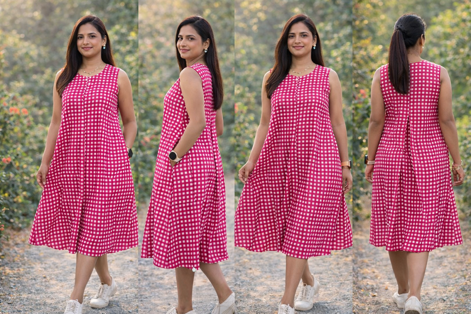 Pink Checkered Sleeveless Flared Cotton Dress