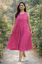 Pink Checkered Sleeveless Flared Cotton Dress