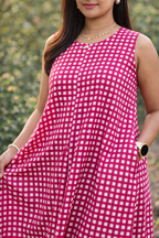 Pink Checkered Sleeveless Flared Cotton Dress